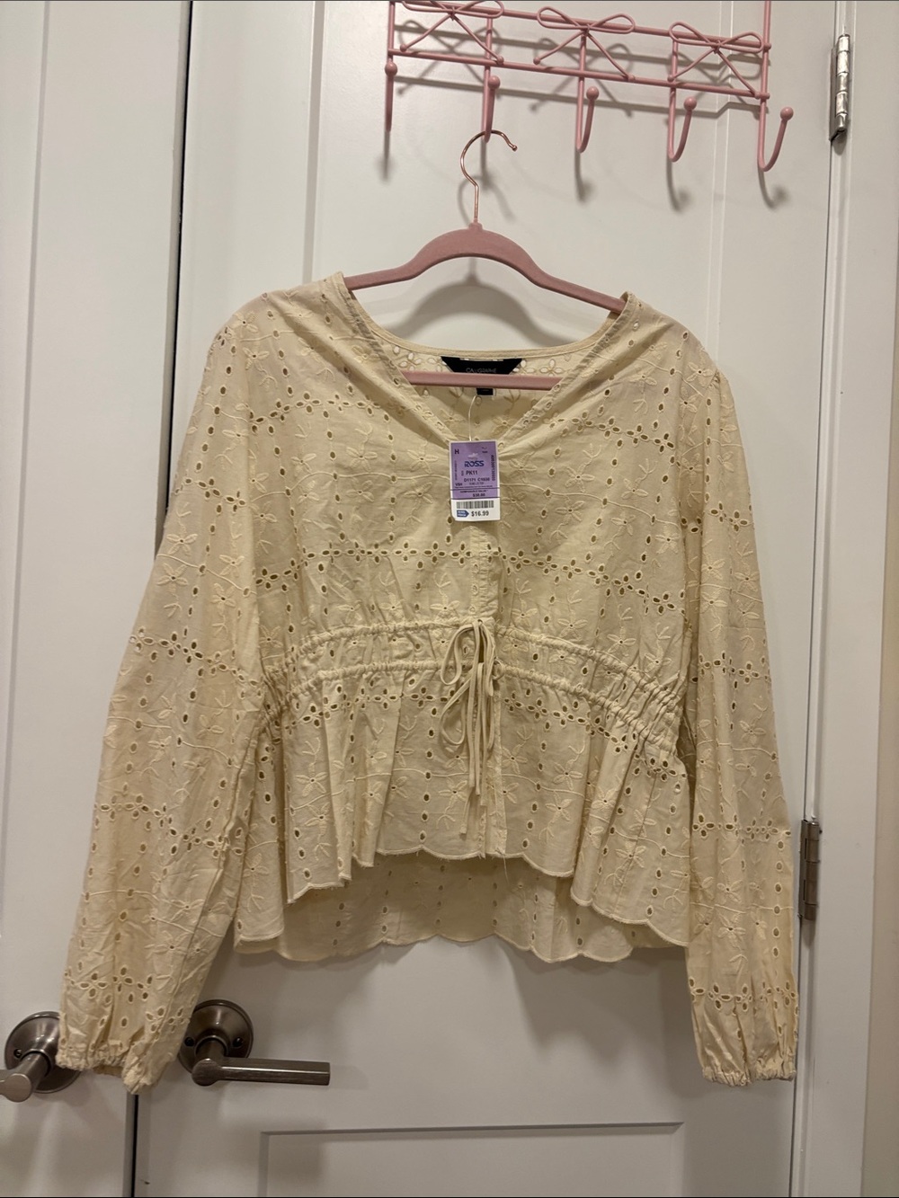 Cream Eyelet Tie-Front Peasant Blouse